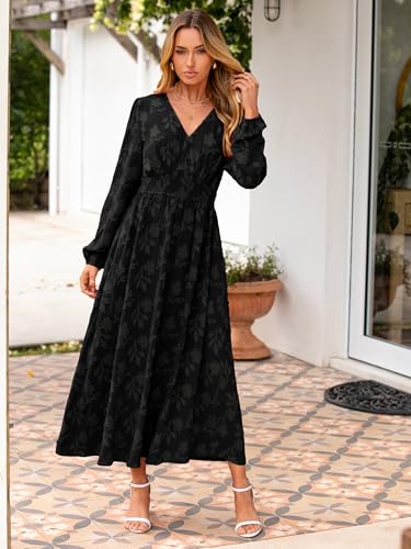 Image of Simplee Womens Boho Floral Long Sleeve Maxi Dress V Neck Empire Waist Fall Wedding Guest Dresses with Pockets