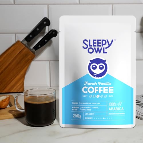 Image of Sleepy Owl French Vanilla Ground Coffee for French Press | Medium Roast | 100% Arabica | Coarse Grind Coffee | Also Suitable for Cold Brewing | 250g | Directly Sourced From Chikmagalur