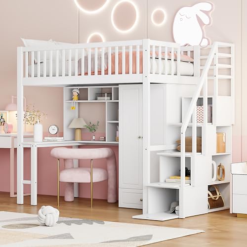 WIZBED Hochbett 90x200 mit Kleiderschrank Schreibtisch und Treppe, Kinderbetten Stauraumbett für Kinder, Funktionsbett Etagenbett Stockbett Jugendbett, ohne Matratze