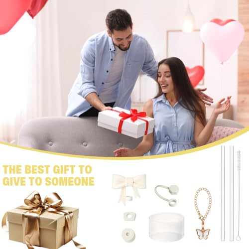 Image of HASTHIP for Stanley Cup Accessories & Charm Kit Set of 9Pcs Kit Cute Bow Straw Cap, 2 Straight Straws, Cleaning Brush, Handle Charm, Bottom Sleeve(Cup NOT Included)