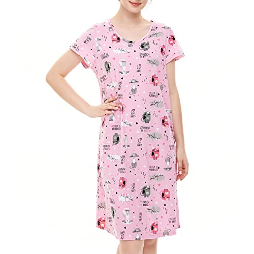 American Trends Nightgowns For Women Cotton Night Shirts Short Sleeve Night Gown Dress Casual Pajamas Soft Sleepwear Pink Cat S #TOP1