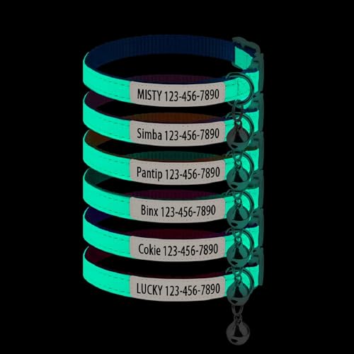 Custom Glow in The Dark Cat Collar, Reflective Breakaway Pet Collar with Bell, Personalized Cat Collar with Name and Phone Number, Suitable for Kitten & Cat (uv-Priting)
