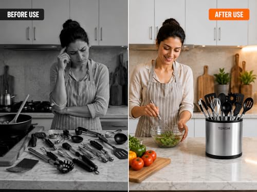 Image of TENOM Spoon Holder, Spoon Stand For Kitchen Steel, Cutlery Stand, Spoon Organiser For Kitchen, Cutlery Holder, Ladle Holder, Spatula Holder (Cylinder)