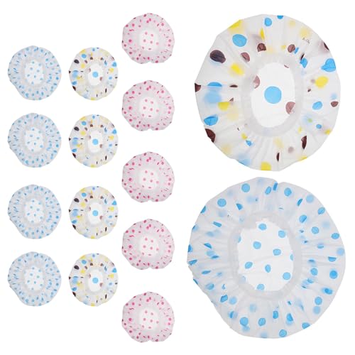 TOVINANNA Gorros de Ducha Reutilizables Impermeables 15 Piezas Gruesos con Estampado de Lunares en Azul Rosa y Colores Variados con Encaje Elástico para Baño y Protección del Cabello