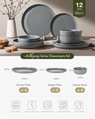 Image of Famiware Milkyway Plates and Bowls Set, 12 Pieces Dinnerware Sets, Dishes Set for 4, Dark Gray