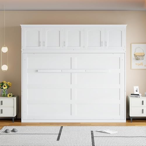 MERITLINE Queen Horizontal Murphy Bed with Storage Cabinet,Wood Folding White Murphy Wall Bed for...