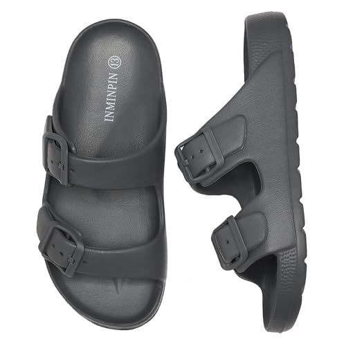 Image of INMINPIN Boys Girls Double Buckle Slide Sandals Comfort Beach Pool Shower Slippers Adjustable Indoor Outdoor Little Kid /Big Kid