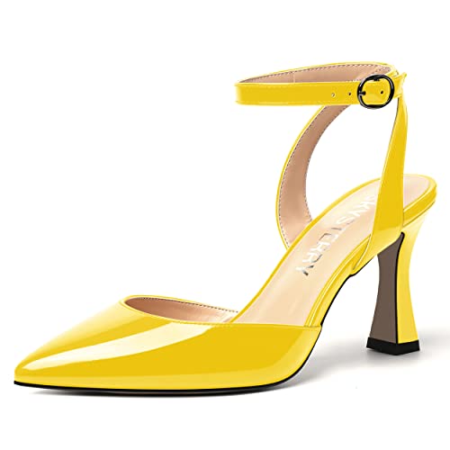 SKYSTERRY Womens Pointed Toe Ankle Strap Buckle Wedding Casual Patent Spool High Heel Pumps Shoes 3.3 Inch