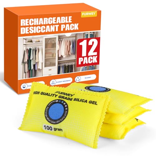 Image of FURWEY 12 Pack Rechargeable Desiccant Packs for Storage, 100g Each, Yellow
