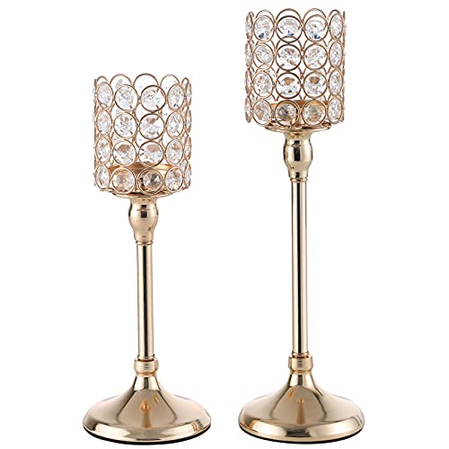MAOPINER Kerzenhalter mit goldfarbenen Kristallen, Teelichthalter, Tischdekoration, für Zuhause, moderne Dekoration, Hochzeitstafel, Jahrestagsfeiern, Geschenke, 30,5 und 35,6 cm hoch, 2 Stück Cover