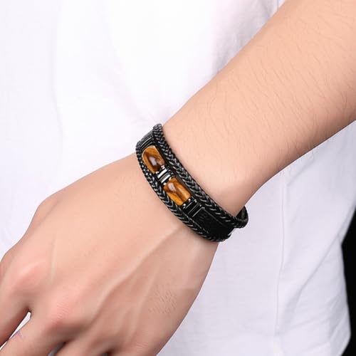 Tiger Eye Leather Bracelet Men Natural Double Tiger Eye Stone Handmade Crystal Healing Protection Bracelets2