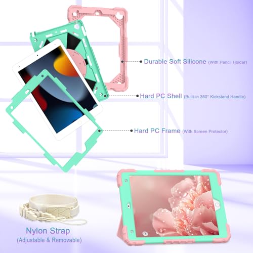 Image of Auizotl Case for iPad 9th /8th /7th Generation 10.2 Inch iPad Case 9th Generation with Screen Protector /Rotate Stand /Pen Holder,Military Grade Shockproof i Pad 9th /8th /7th Gen Cases,Rose Mint