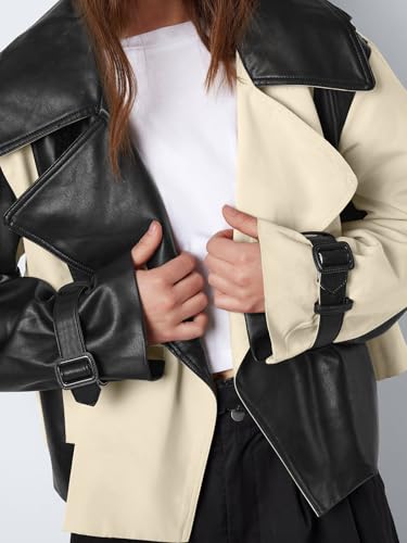 Tankaneo Womens Leather Cropped Jacket Fall Casual Trendy Oversized Color Block Motorcycle Coat2