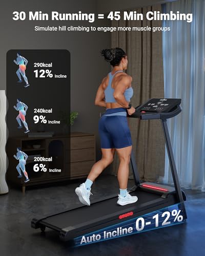 THERUN Home Treadmill with Incline 12% Auto Adjust, 3.0 HP Foldable Treadmill with LED Strip, Heart Rate Monitoring,16.5" Wider Running Belt - Image 3