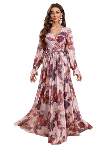 TOLEEN Spring Summer Casual Dresses for Women Deep V Neck Long Sleeve Floral Print Fashion Boho Vacation Beach Maxi Dress