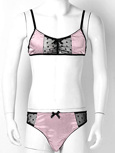 Mens Smooth Satin Mesh Lingerie Set Whisper Bralette Bra Tops with Sissy Panties Thongs3