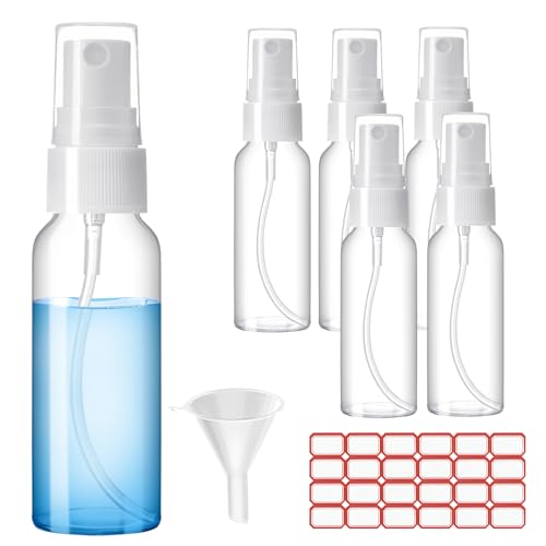 Zoizocp Spray Bottles, 1oz/30ml Clear Empty Fine Mist Plastic Mini Travel Bottle Set, Small Refillable Liquid Containers with 2pcs Funnels and 24pcs Labels (6 Pack)