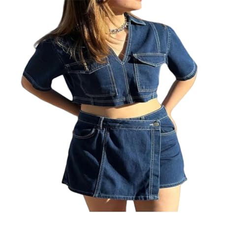 Womens V Neck Denim Crop Tops Summer Y2k Going Out Jean Shirts, Retro Denim Vest, Loose Fit Short Sleeve Collared Polo Tee4