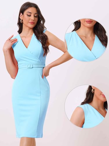 Image of Allegra K Sheath Dress for Women's Wrap V Neck Business Office Belt Sleeveless Pencil Dress