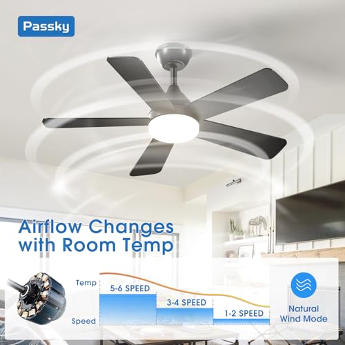 Image of Passky Ceiling Fans with Lights, 42 inch Sleek Ceiling Fan with Light and Remote Control, 3CCT, Dimmable, Reversible, Noiseless, Black Ceiling Fan for Bedroom, Living Room