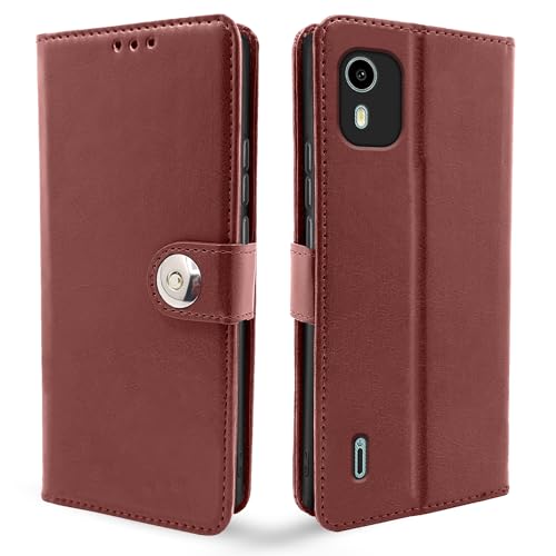 Image of Pikkme Nokia C12 / Nokia C12 Pro Flip Cover Leather Finish | Inside TPU with Card Pockets | Wallet Stand and Shock Proof | Complete Protection Button Flip Case (Brown)