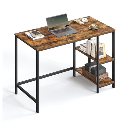 VASAGLE Escritorio, Mesa de Ordenador, con 2 Niveles de Estante a la Izquierda o a la Derecha, para Oficina, Dormitorio, Estructura de Acero, Industrial, Marrón Rústico y Negro LWD046B01