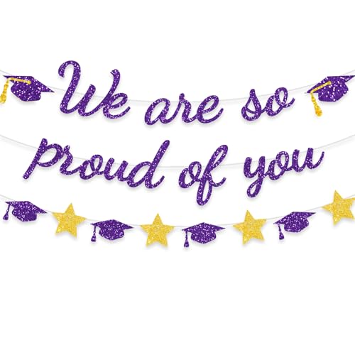 Image of We Are So Proud Of You Banner Graduation Party Decorations Glitter Congratulations Class Grad Ideas Purple Gold
