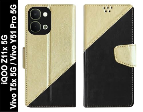 Image of Cover for Vivo T5x 5G / Y51 Pro 5G / iQOO Z11x 5G, Wallet Style, Leather Finish, Magnetic Closure, Inbuilt Stand, Card Pocket (Golden&Black)