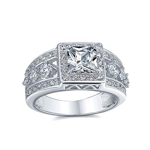 Art Deco Style Princess Square Cut Halo AAA CZ Engagement Ring For Women Wide 3 Row Band Sterling Silver Promise Ring
