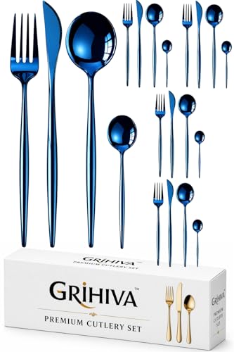 Image of 20 Pcs Blue Slim Handle Stainless Steel Cutlery Set for Dining Table with Spoons and Forks Set + Butterknives - The Perfect Tableware /Flatware