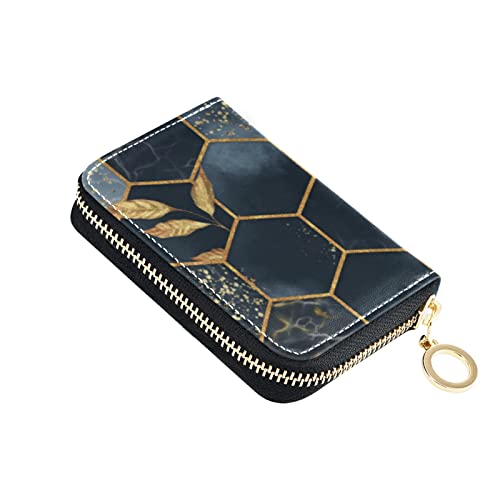 Modern Marbling Gold Black Marble Geometric Rhombus with Gold Leaves Grey Credit Card Coin wallet, RFID Blocking Compact Women Leather Card Holder, Key Change Organizer, Zipper Purse Clutch Pouch