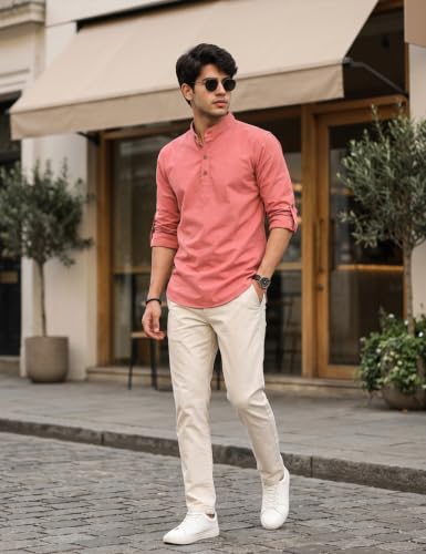 Image of Fifth U Men's Cotton Polyester Blend Solid Mandarin Collar Self Design Full Sleeve Casual Short Kurta