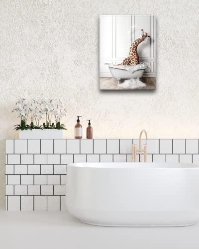 Ihery Funny Bathroom Wall Art Decor, Waterproof 12X16In Quality Cute Canvas Wall Art Pictures, Wood Framed Funny Color Giraffe Bathing Animals Abstract Prints For Bedroom Kids Room 1 Pack #TOP5