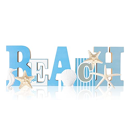 WATINC Wooden Beach Sign for Summer Coastal Decor, Freestanding Block Word Centerpiece with Starfish Seahorse Shell, DIY Stripe Letter Table Tiered Tray Decor for Nautical Theme Holiday Party Supplies