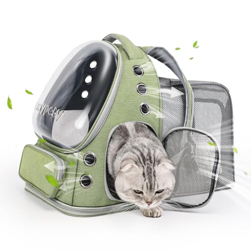Image of Cat Backpack Carrier, Breathable Cat Carrier Large Space Bubble Pet Backpack For Kitty Small Dog Up To 15Lbs, Transparent & Foldable Pet Carrier For Travel Hiking (Square Expandable- Green)