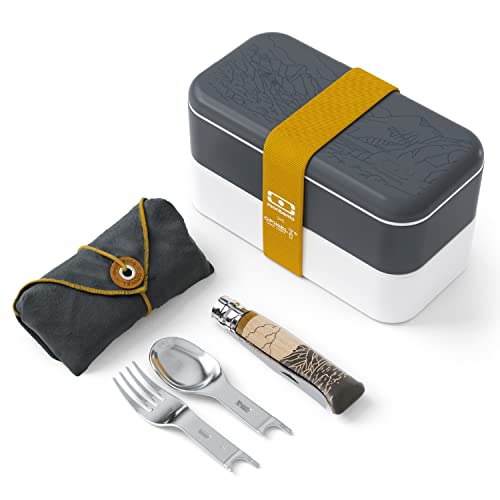 MONBENTO X OPINEL - Set Brotdose Outdoor mit Opinel Messer n°8 mit Einsatz Gabel/Löffel und Bento Box MB Original mit Fächer Made in France, BPA Frei - Lebensmittelecht - Grau