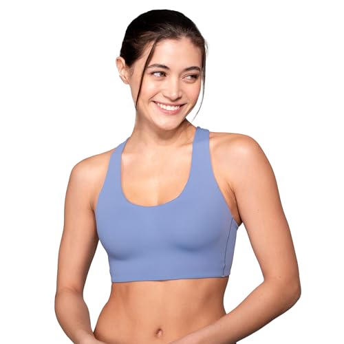 Floatley Be Well Medium Impact Sports Bra Wirefree Soft Comfort Pull On Criss Cross Strappy Back with Embedded Pads for Women