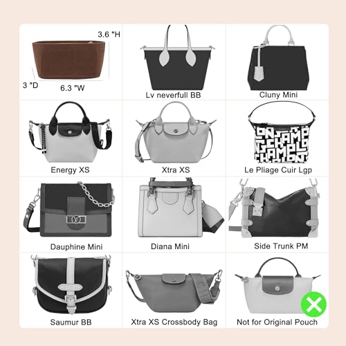 Image of Doxo Small Purse Organizer Insert for Handbags, Felt Neverfull BB Organizer Insert,Mini Tote Bag Organizer with Zipper Pocket, Fit Neverfull BB Longchamp Xtra Energy S and More, Brown-XS