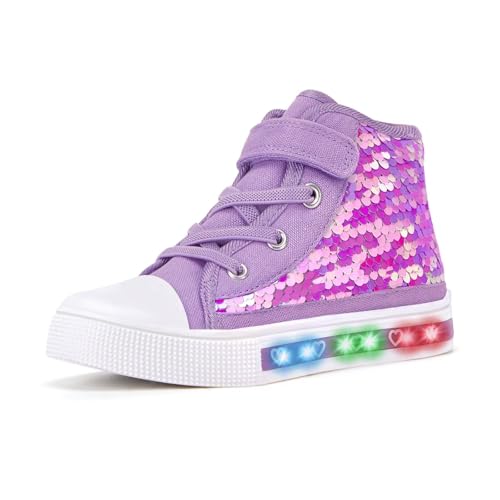 Girls Trainers Kids High-Top Flashing Canvas Shoes Unisex Child Light Up Lightweight Casual Shoes Purple Sequin Size 13