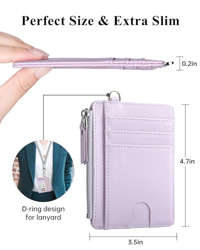 Image of Teskyer Slim RFID Wallet for Women, Small Card Holder with Zip Pocket, Lilac, 3.5 inch x 4.7 inch, Minimalist | Zip Pocket for Cash Coin, 1 ID Window & 7 Card Slots, Ultra Slim Design, D-Ring for Neck Lanyard, for Daily Carry and Travel