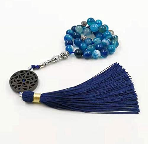Natural Blue agates Stone Tasbih Prayer Beads Misbaha 33 66 99beads New Styles Cotton Tassel Professional Muslim Man's Rosary (10mm, 66 Beads)