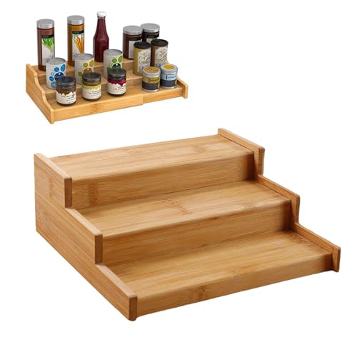 Wisebom Especiero Extensible de 3 Niveles Especiero Bambú Organizador de Estante de Especias de 3 Niveles Soporte Botes Especias, Madera Natural para Armario de Cocina
