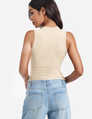 Image of YEOREO Women Basic Mock Neck Workout Crop Top Sleeveless Double Lined Tank Tee Slim Fitted Ruched Going Out Camisole