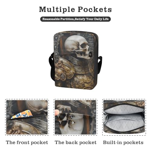 Crossbody Sling Bag for Women Men, Zipper Closure Messenger Bags Skeleton Angel Armor Print with Card Phone Passport Compartment 6.6×9.4×2.5 IN2