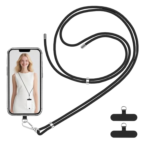 VynyQoo Cordino per Cellulare Regolabile 80cm con 2 Durevole Patch, Laccio per Cellulare, Cordino Telefono, Laccetto per All-Inclusive Cover Phone(nero)
