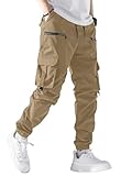 PLEPAN Men's Cargo Joggers Pants Casual Elastic Waist Drawstring Outdoor Hiking Workout Khaki Pants with Multi Pockets, Dark Khaki, L