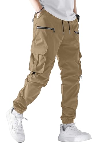 PLEPAN Men's Cargo Joggers Pants Casual Elastic Waist Drawstring Outdoor Hiking Workout Khaki Pants with Multi Pockets, Dark Khaki, L