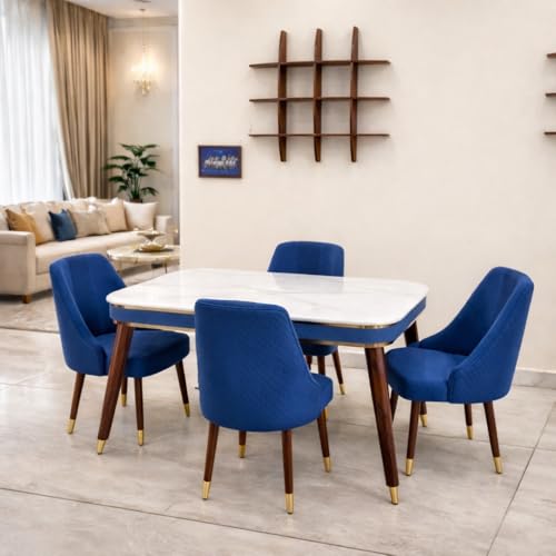 Image of WOODEN SPACE Wooden Dining Table with Nano Composite Marble Top & Solid Wood Base (Vento Yellow, 4 Seater, Modern Vento)