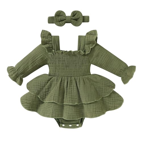 Image of YOUNGER TREE Baby Girl Fall Clothes Infant Long Sleeve Ruffle Romper Dress with Headband Cute Toddler Winter Outfits