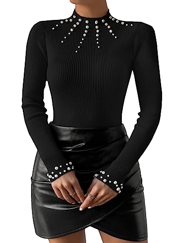 Image of WDIRARA Women's Pearls Beaded Rib Knit Mock Neck Long Sleeve Tops Slim Fit Tee Shirt